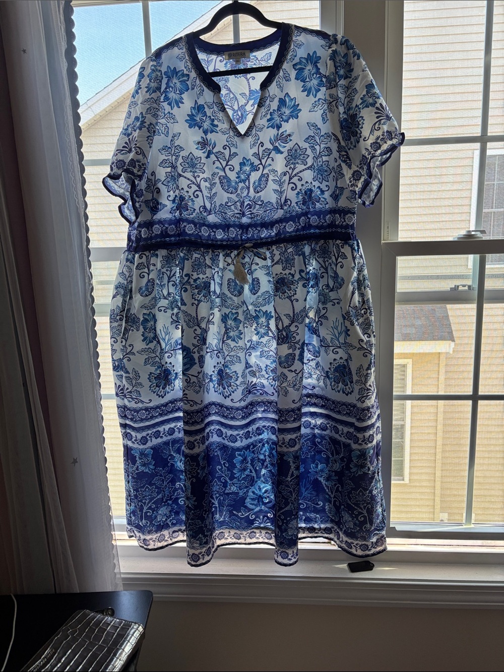 Blue and White Floral Midi Dress with Waist Tie